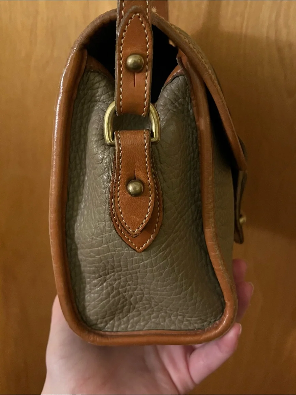 Vintage Dooney & Bourke Pebbled Leather Crossbody Bag in Taupe and Brown - Picture 4 of 10